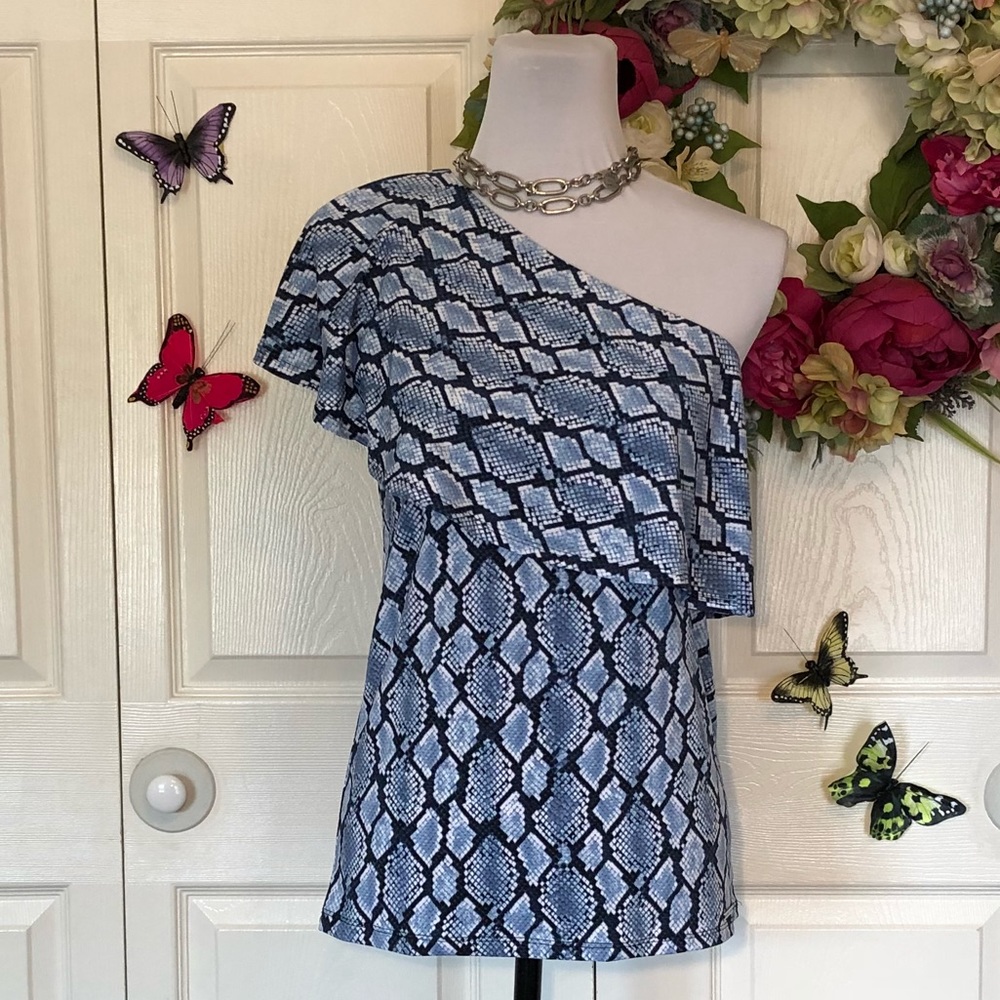 Michael Kors Snake One Shoulder Ruffle Top